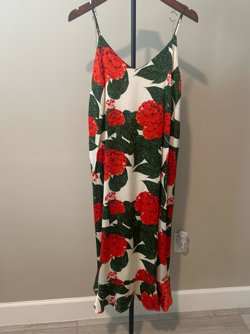 Sugarlips Cream Slip Dress with Red Trim and Green Leaf Print